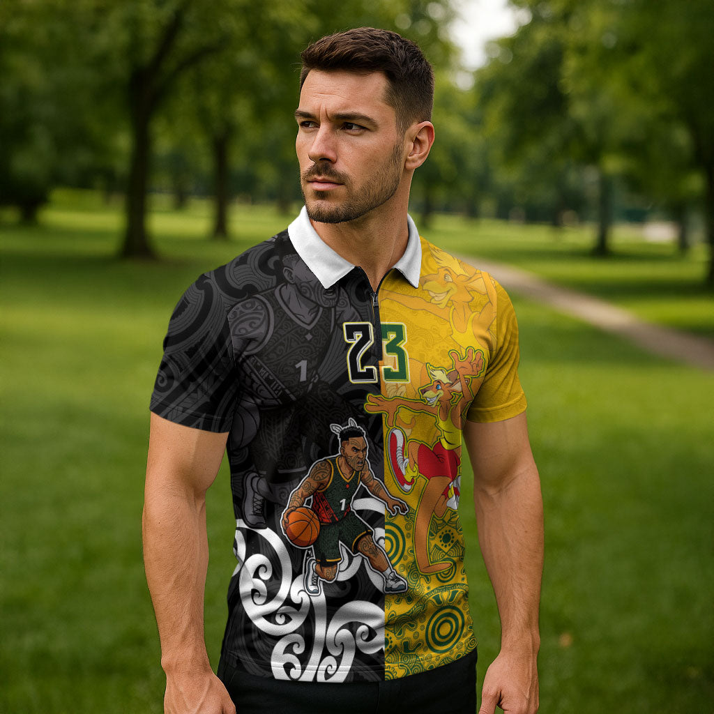 Aotearoa New Zealand And Australia Basketball Custom Zipper Polo Shirt Maori Tribal Tattoo And Aboriginal Dot Art Heritage LT03 - Polynesian Pride