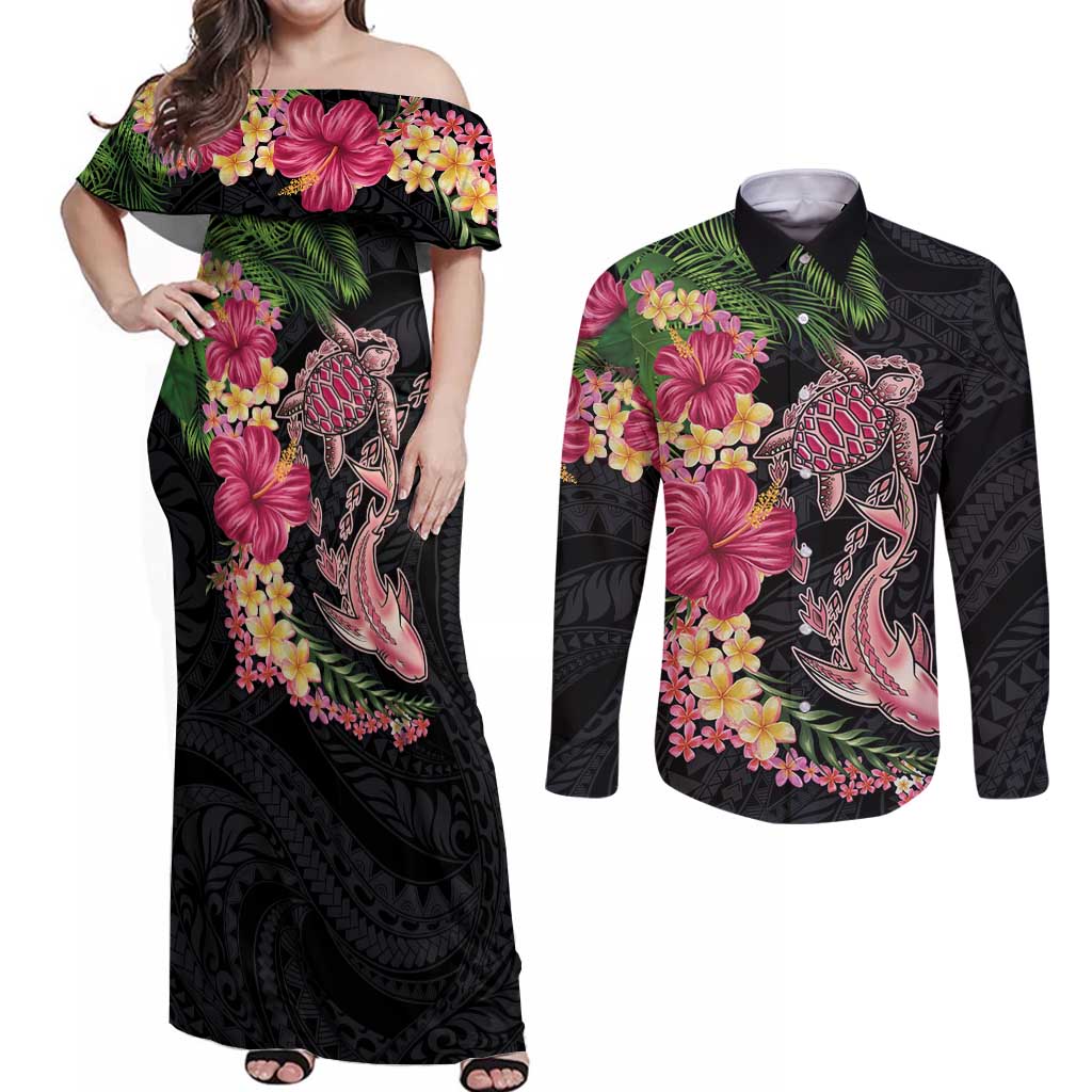 Hawaiian Tropical Plants Turtle and Shark Couples Matching Off Shoulder Maxi Dress and Long Sleeve Button Shirt Polynesian Art Tattoo