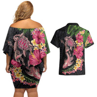 Hawaiian Tropical Plants Turtle and Shark Couples Matching Off Shoulder Short Dress and Hawaiian Shirt Polynesian Art Tattoo