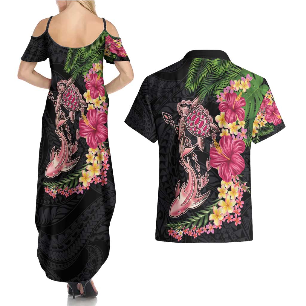 Hawaiian Tropical Plants Turtle and Shark Couples Matching Summer Maxi Dress and Hawaiian Shirt Polynesian Art Tattoo