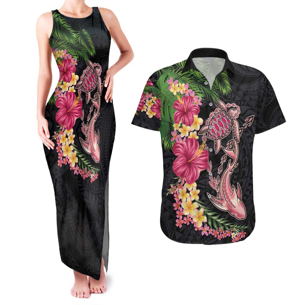 Hawaiian Tropical Plants Turtle and Shark Couples Matching Tank Maxi Dress and Hawaiian Shirt Polynesian Art Tattoo