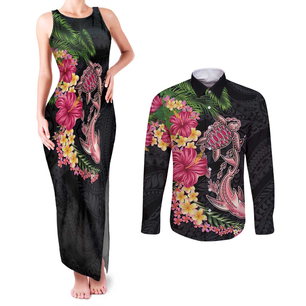 Hawaiian Tropical Plants Turtle and Shark Couples Matching Tank Maxi Dress and Long Sleeve Button Shirt Polynesian Art Tattoo