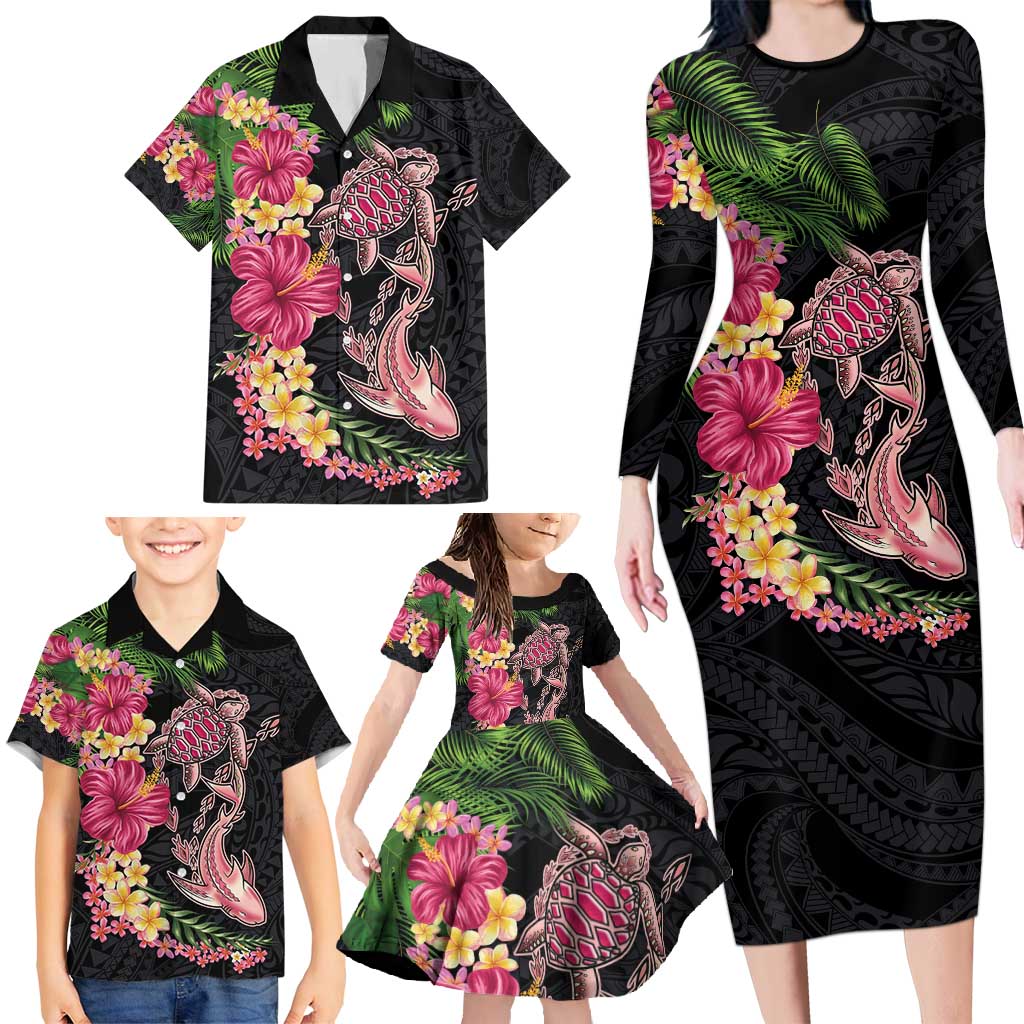 Hawaiian Tropical Plants Turtle and Shark Family Matching Long Sleeve Bodycon Dress and Hawaiian Shirt Polynesian Art Tattoo