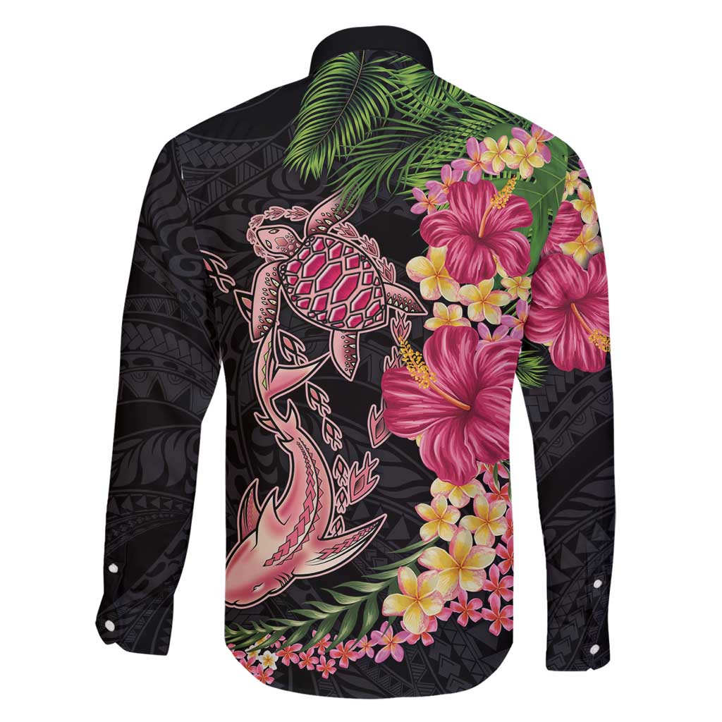 Hawaiian Tropical Plants Turtle and Shark Family Matching Long Sleeve Bodycon Dress and Hawaiian Shirt Polynesian Art Tattoo