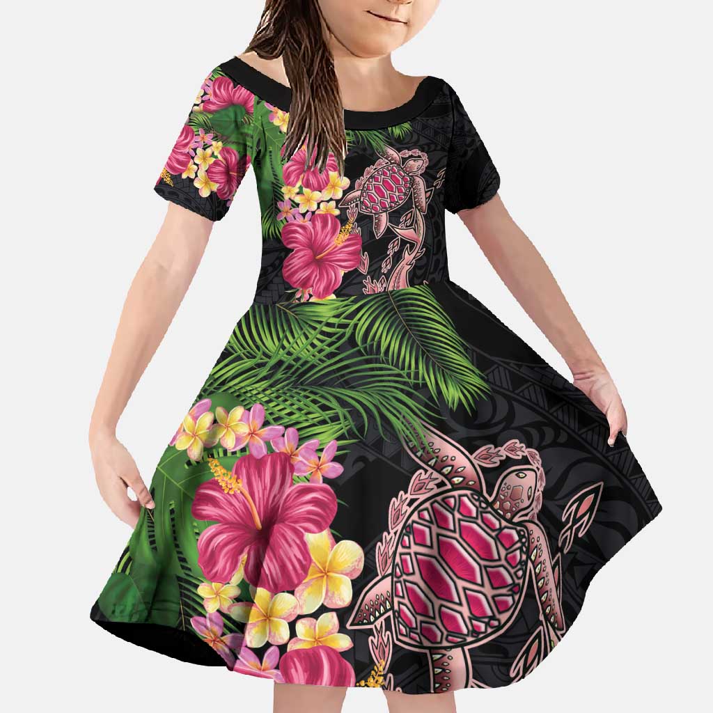 Hawaiian Tropical Plants Turtle and Shark Family Matching Mermaid Dress and Hawaiian Shirt Polynesian Art Tattoo LT03 Daughter's Dress Black - Polynesian Pride