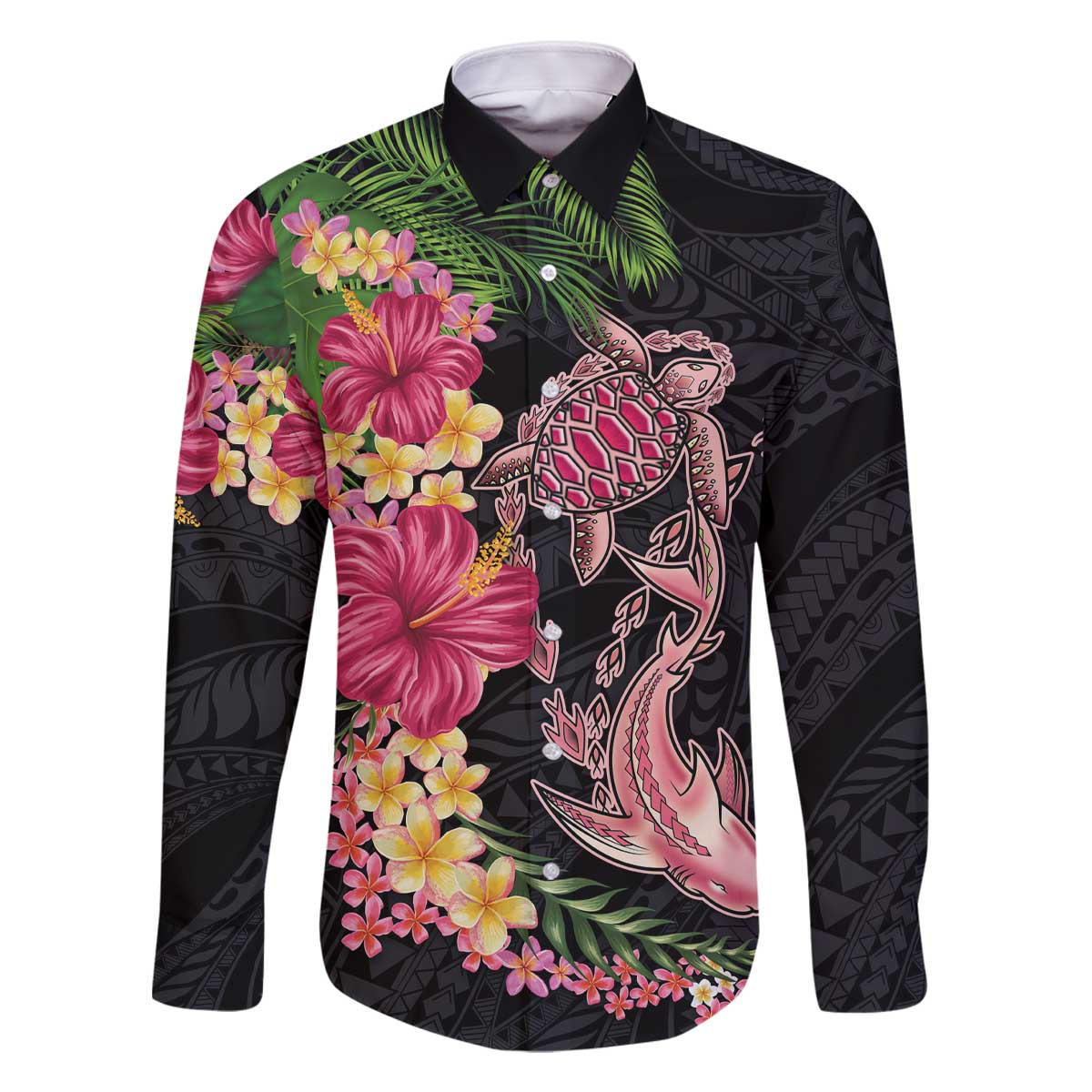 Hawaiian Tropical Plants Turtle and Shark Family Matching Off The Shoulder Long Sleeve Dress and Hawaiian Shirt Polynesian Art Tattoo