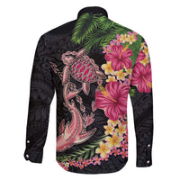 Hawaiian Tropical Plants Turtle and Shark Family Matching Off The Shoulder Long Sleeve Dress and Hawaiian Shirt Polynesian Art Tattoo