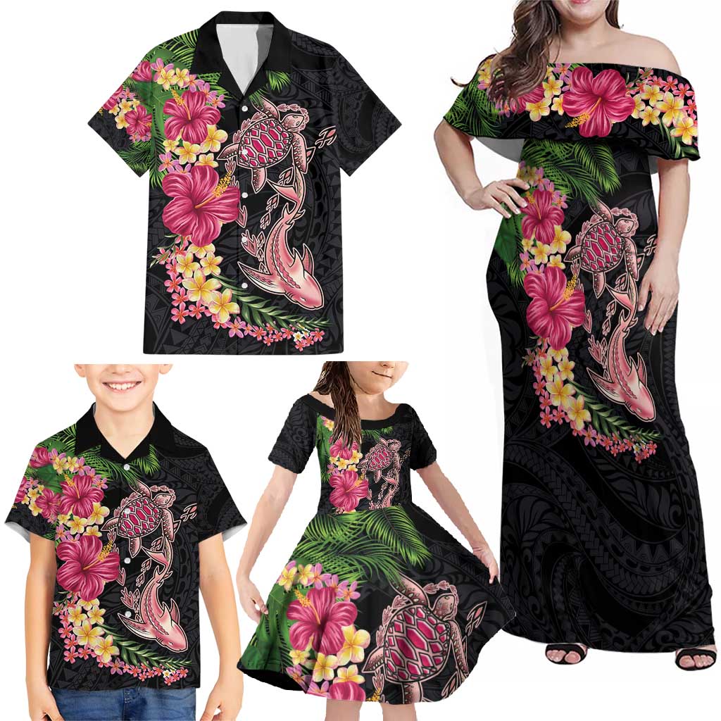 Hawaiian Tropical Plants Turtle and Shark Family Matching Off Shoulder Maxi Dress and Hawaiian Shirt Polynesian Art Tattoo LT03 - Polynesian Pride