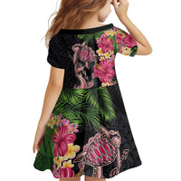 Hawaiian Tropical Plants Turtle and Shark Family Matching Off Shoulder Short Dress and Hawaiian Shirt Polynesian Art Tattoo