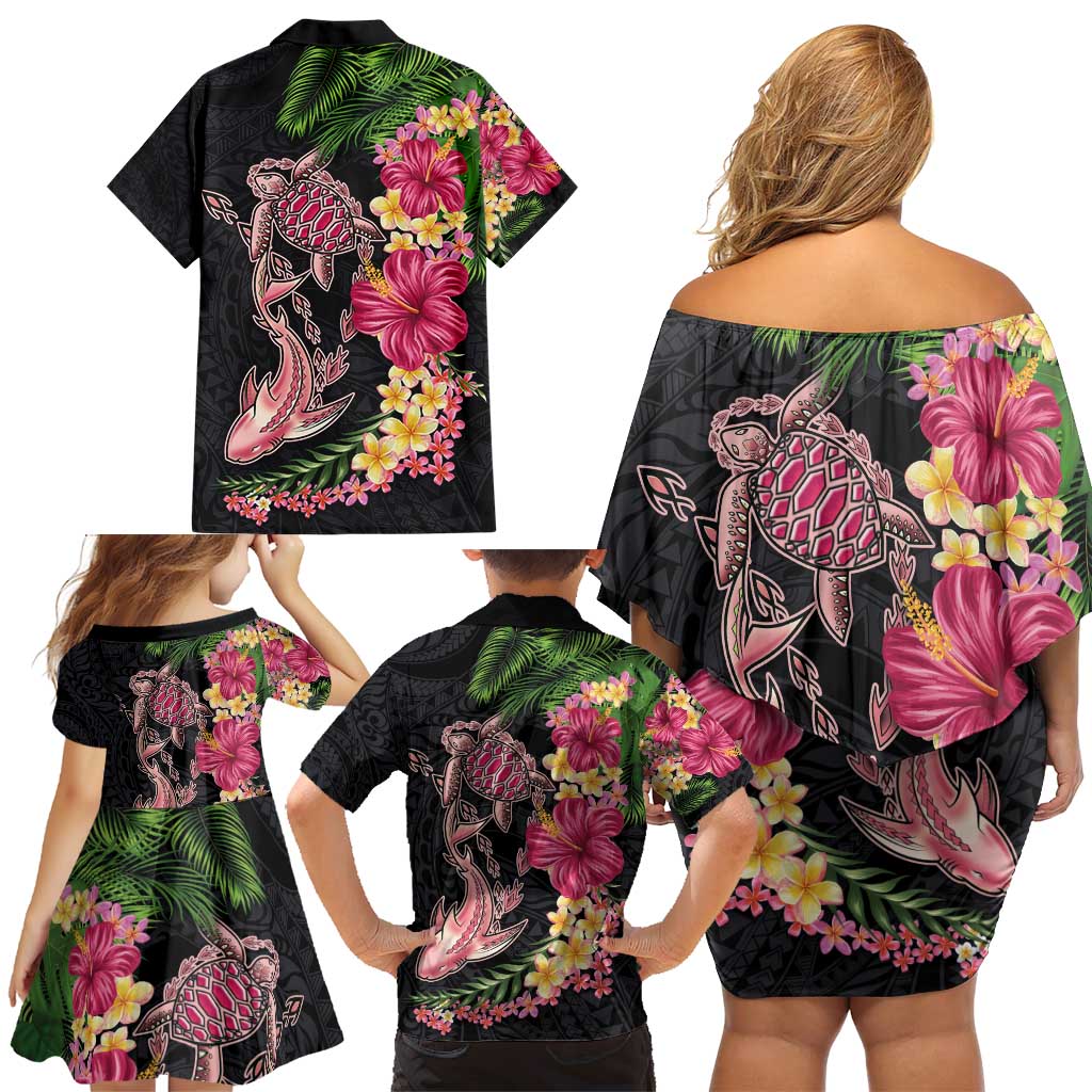 Hawaiian Tropical Plants Turtle and Shark Family Matching Off Shoulder Short Dress and Hawaiian Shirt Polynesian Art Tattoo