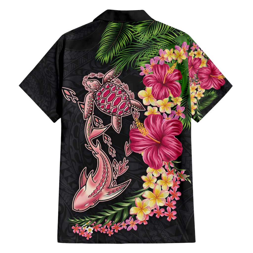 Hawaiian Tropical Plants Turtle and Shark Family Matching Off Shoulder Short Dress and Hawaiian Shirt Polynesian Art Tattoo
