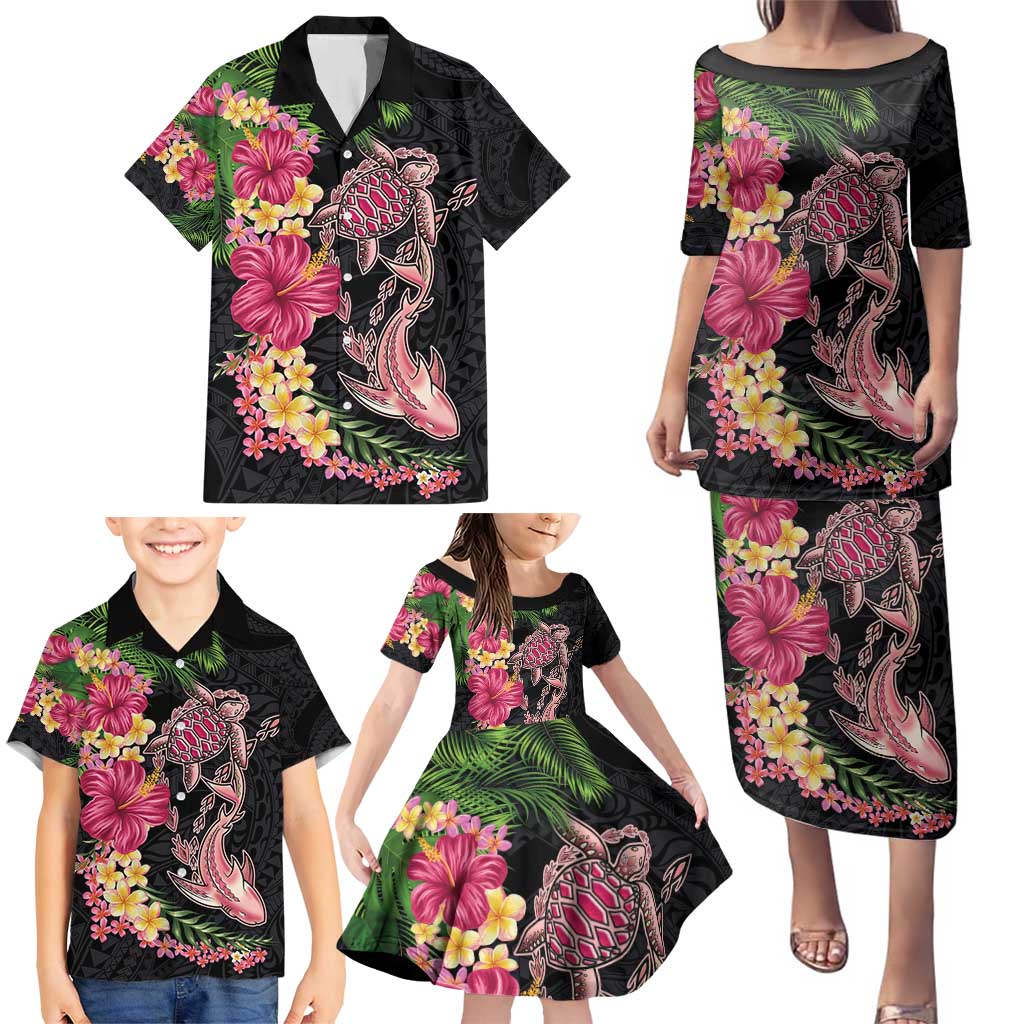 Hawaiian Tropical Plants Turtle and Shark Family Matching Puletasi and Hawaiian Shirt Polynesian Art Tattoo LT03 - Polynesian Pride