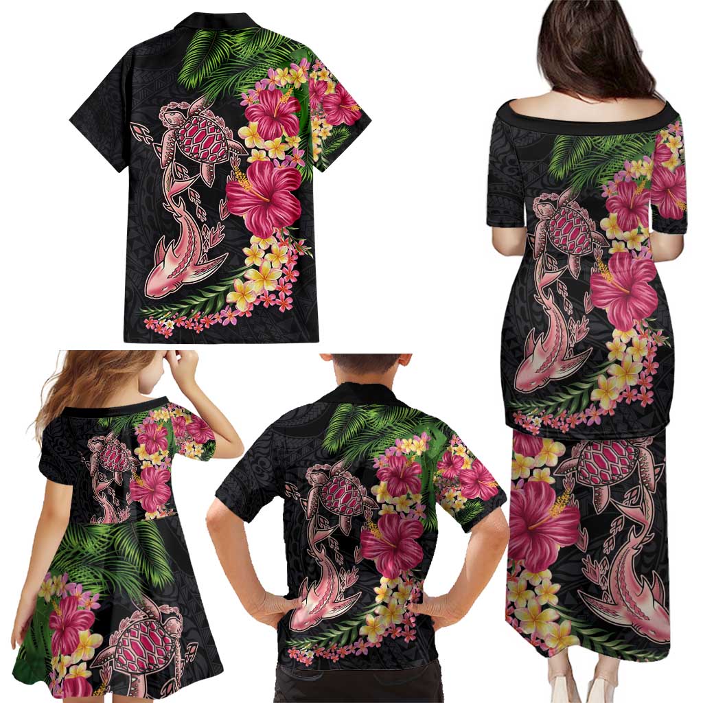 Hawaiian Tropical Plants Turtle and Shark Family Matching Puletasi and Hawaiian Shirt Polynesian Art Tattoo LT03 - Polynesian Pride