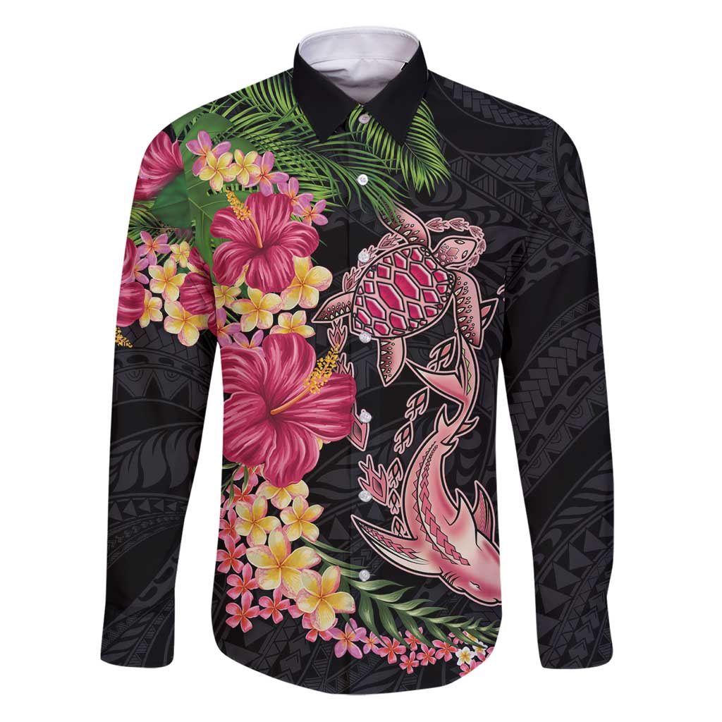Hawaiian Tropical Plants Turtle and Shark Family Matching Puletasi and Hawaiian Shirt Polynesian Art Tattoo LT03 Dad's Shirt - Long Sleeve Black - Polynesian Pride
