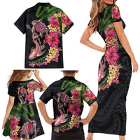 Hawaiian Tropical Plants Turtle and Shark Family Matching Short Sleeve Bodycon Dress and Hawaiian Shirt Polynesian Art Tattoo