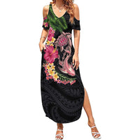 Hawaiian Tropical Plants Turtle and Shark Family Matching Summer Maxi Dress and Hawaiian Shirt Polynesian Art Tattoo LT03 Mom's Dress Black - Polynesian Pride