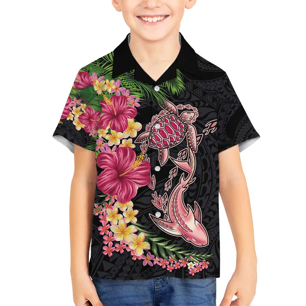 Hawaiian Tropical Plants Turtle and Shark Family Matching Tank Maxi Dress and Hawaiian Shirt Polynesian Art Tattoo LT03 Son's Shirt Black - Polynesian Pride