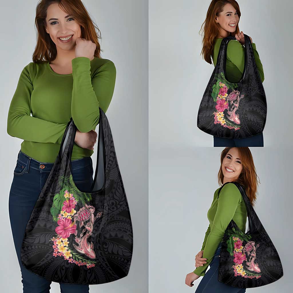 Hawaiian Tropical Plants Turtle and Shark Grocery Bag Polynesian Art Tattoo