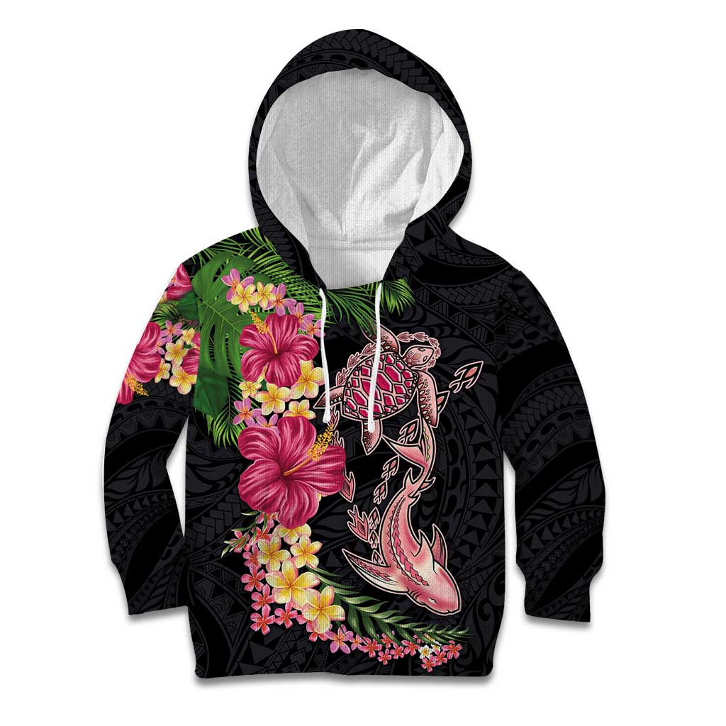 Hawaiian Tropical Plants Turtle and Shark Kid Hoodie Polynesian Art Tattoo LT03 Hoodie Black - Polynesian Pride