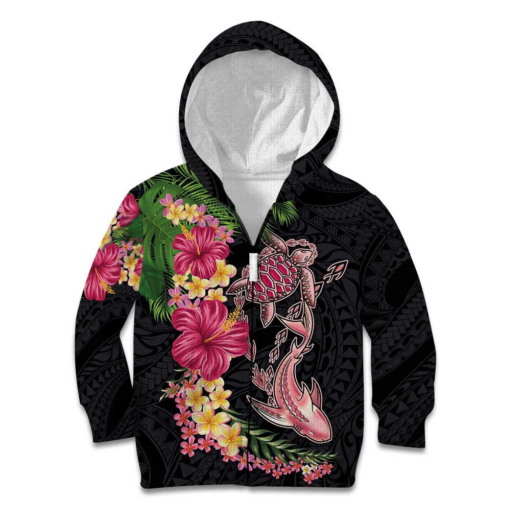 Hawaiian Tropical Plants Turtle and Shark Kid Hoodie Polynesian Art Tattoo LT03 Zip Hoodie Black - Polynesian Pride