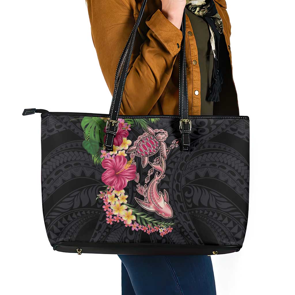 Hawaiian Tropical Plants Turtle and Shark Leather Tote Bag Polynesian Art Tattoo