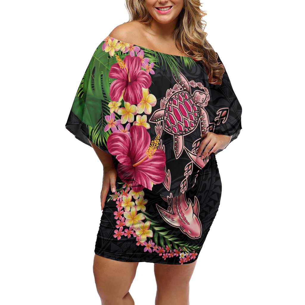 Hawaiian Tropical Plants Turtle and Shark Off Shoulder Short Dress Polynesian Art Tattoo LT03 Women Black - Polynesian Pride