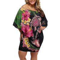 Hawaiian Tropical Plants Turtle and Shark Off Shoulder Short Dress Polynesian Art Tattoo LT03 Women Black - Polynesian Pride