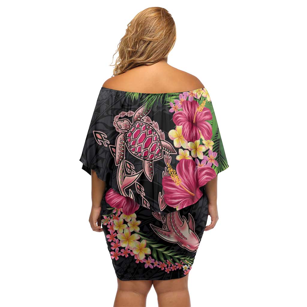 Hawaiian Tropical Plants Turtle and Shark Off Shoulder Short Dress Polynesian Art Tattoo LT03 - Polynesian Pride