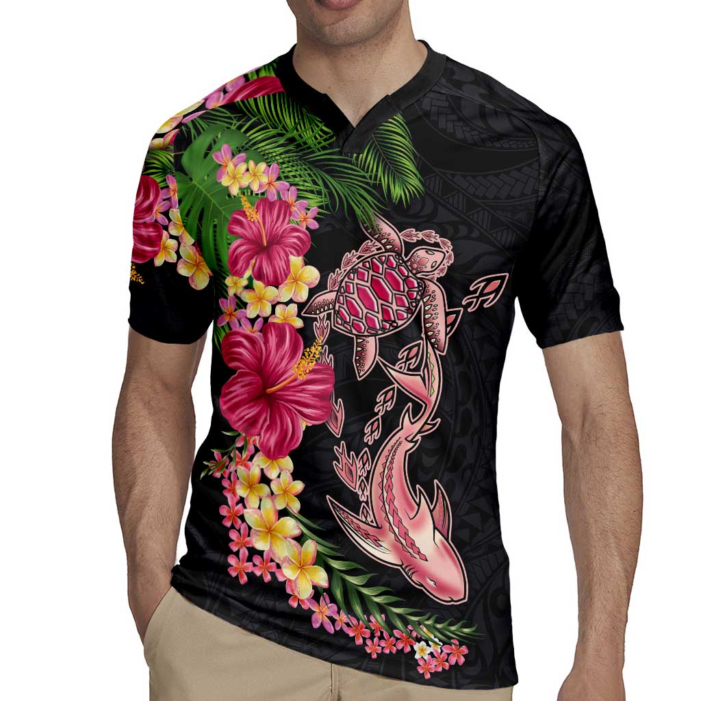 Hawaiian Tropical Plants Turtle and Shark Rugby Jersey Polynesian Art Tattoo