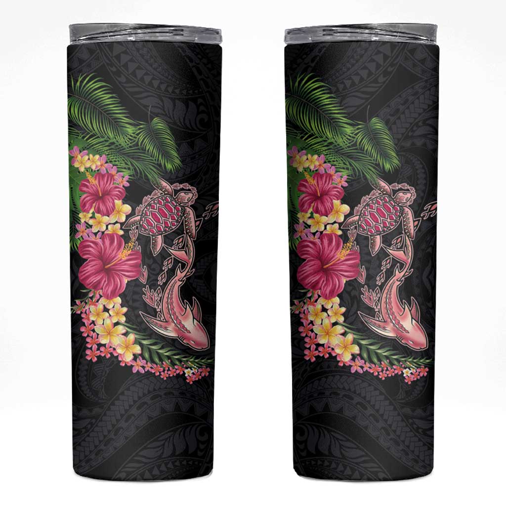 Hawaiian Tropical Plants Turtle and Shark Skinny Tumbler Polynesian Art Tattoo LT03 Black - Polynesian Pride