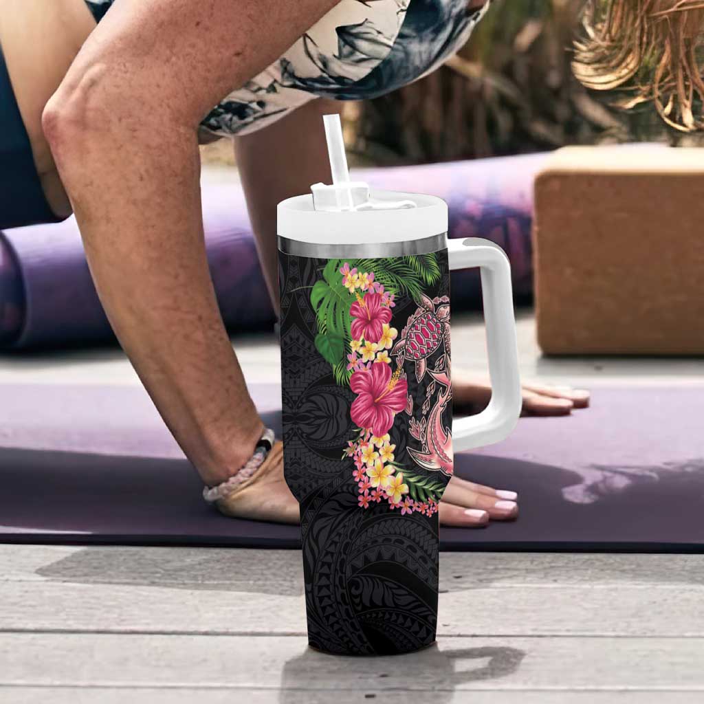 Hawaiian Tropical Plants Turtle and Shark Tumbler With Handle Polynesian Art Tattoo