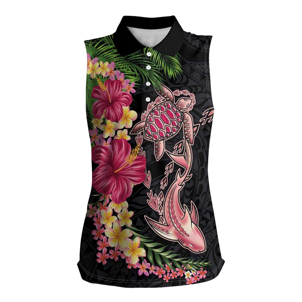 Hawaiian Tropical Plants Turtle and Shark Women Sleeveless Polo Shirt Polynesian Art Tattoo LT03 Female Black - Polynesian Pride