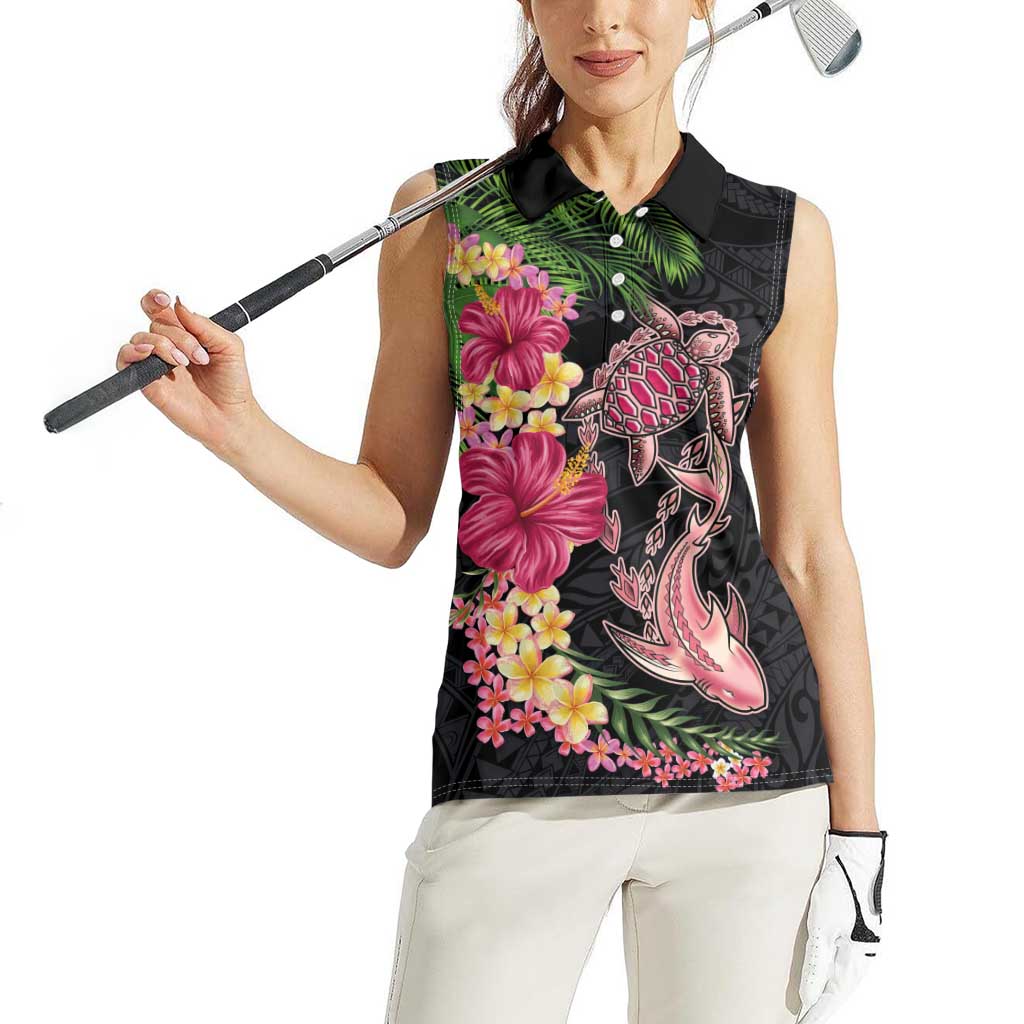 Hawaiian Tropical Plants Turtle and Shark Women Sleeveless Polo Shirt Polynesian Art Tattoo LT03 - Polynesian Pride
