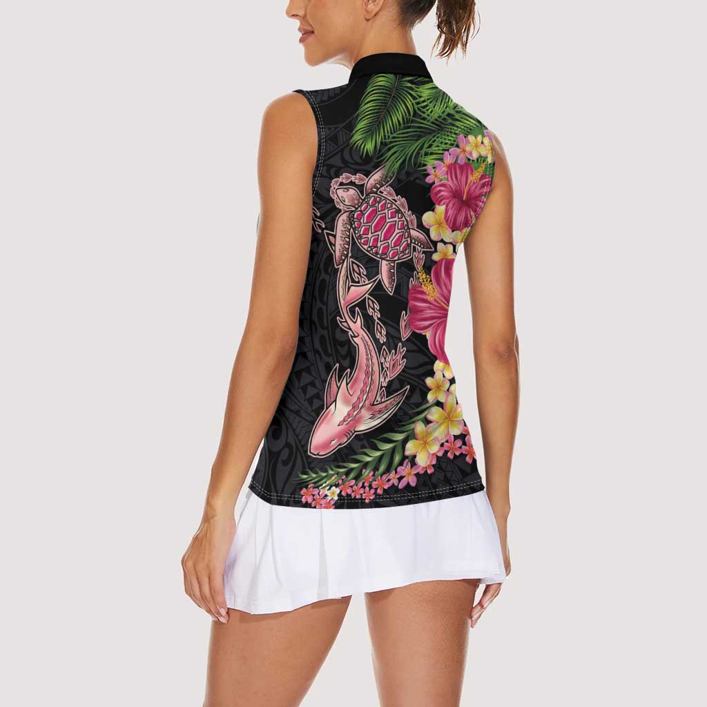 Hawaiian Tropical Plants Turtle and Shark Women Sleeveless Polo Shirt Polynesian Art Tattoo LT03 - Polynesian Pride