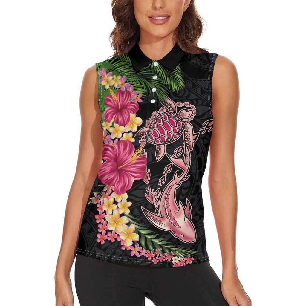 Hawaiian Tropical Plants Turtle and Shark Women Sleeveless Polo Shirt Polynesian Art Tattoo LT03 - Polynesian Pride