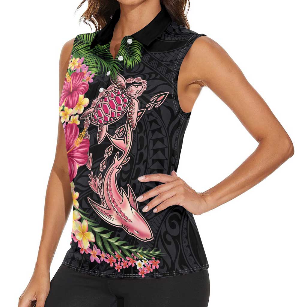 Hawaiian Tropical Plants Turtle and Shark Women Sleeveless Polo Shirt Polynesian Art Tattoo LT03 - Polynesian Pride