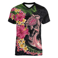 Hawaiian Tropical Plants Turtle and Shark Women V-Neck T-Shirt Polynesian Art Tattoo LT03 Female Black - Polynesian Pride