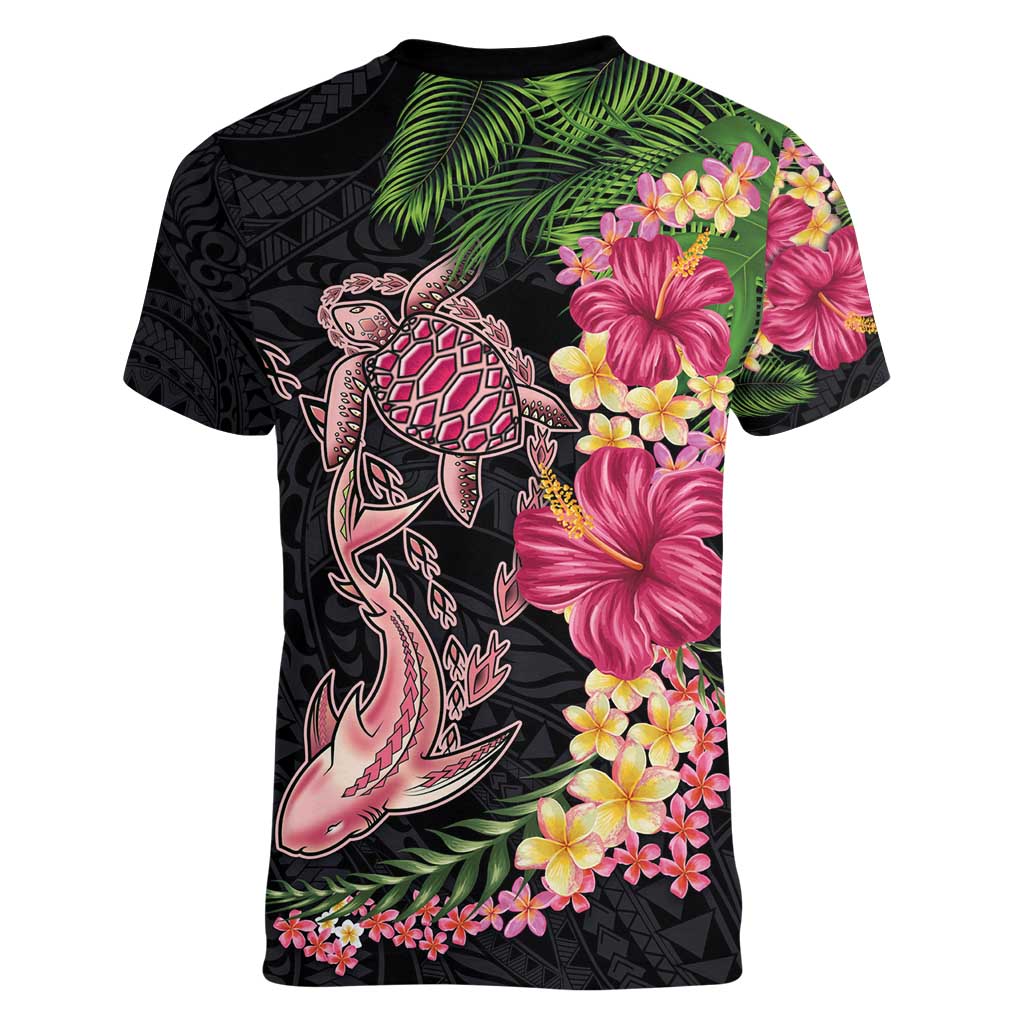 Hawaiian Tropical Plants Turtle and Shark Women V-Neck T-Shirt Polynesian Art Tattoo LT03 - Polynesian Pride