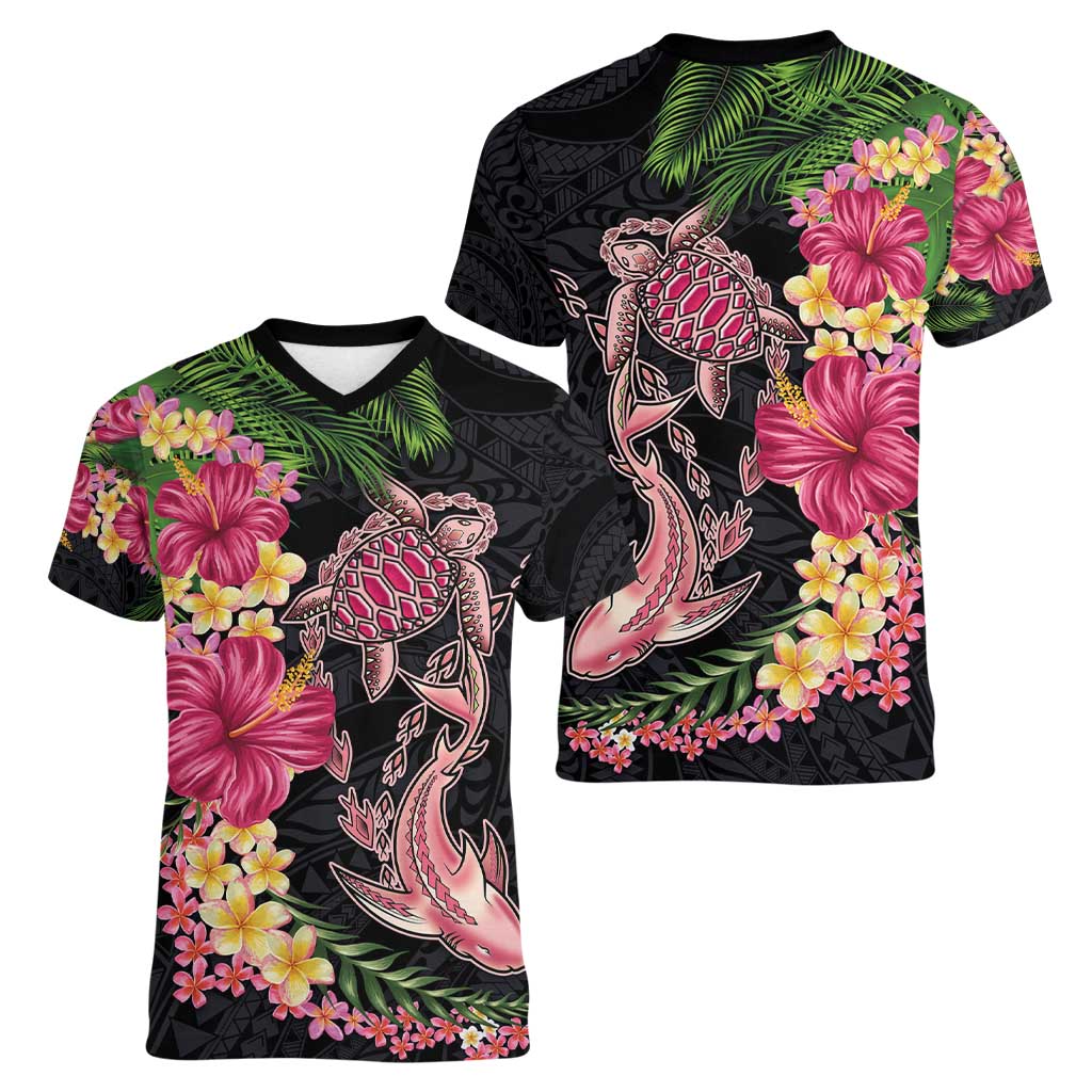 Hawaiian Tropical Plants Turtle and Shark Women V-Neck T-Shirt Polynesian Art Tattoo LT03 - Polynesian Pride
