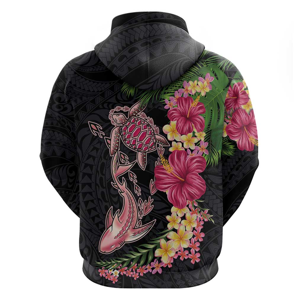 Hawaiian Tropical Plants Turtle and Shark Zip Hoodie Polynesian Art Tattoo