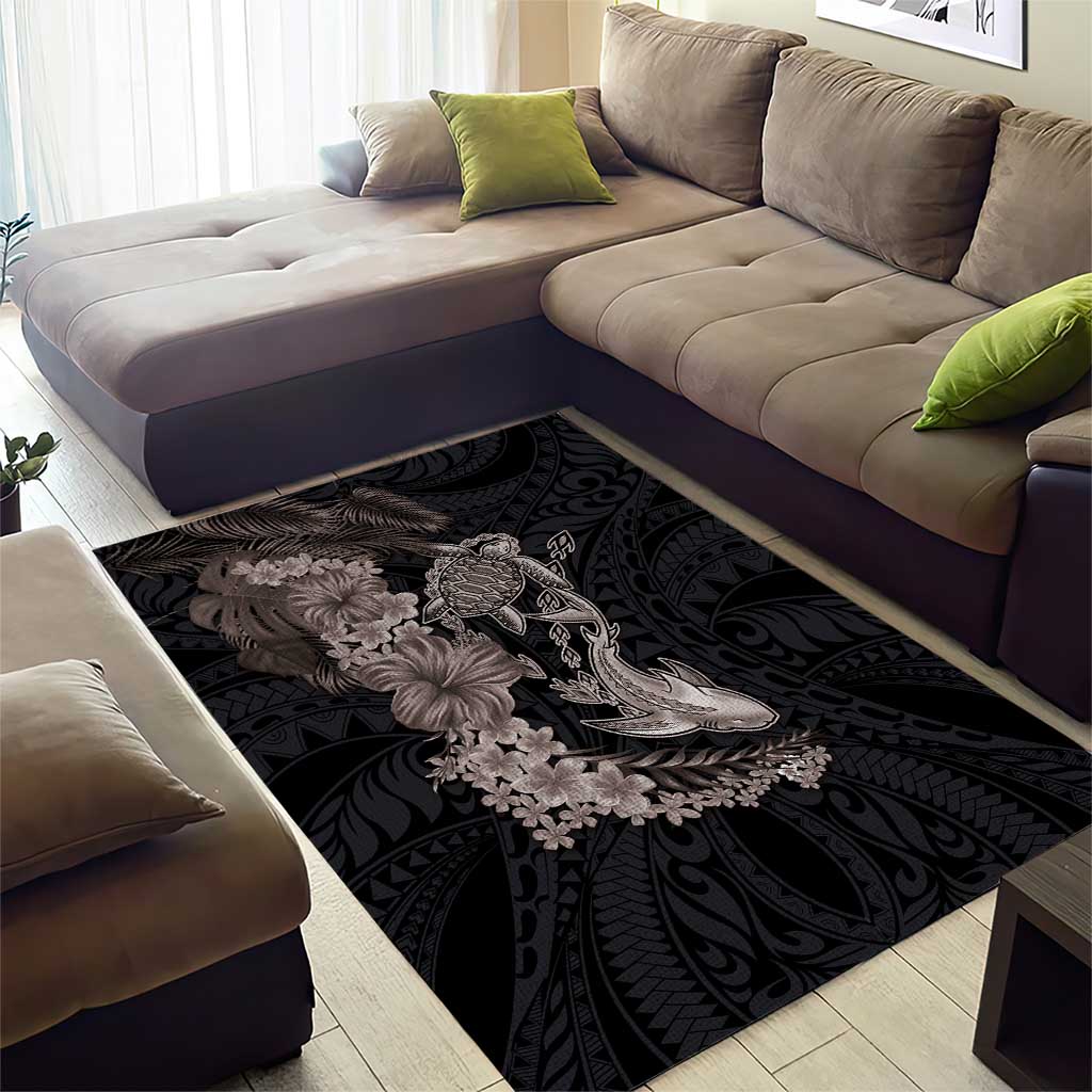 Hawaiian Tropical Plants Turtle and Shark Area Rug Polynesian Art Tattoo Grayscale Color
