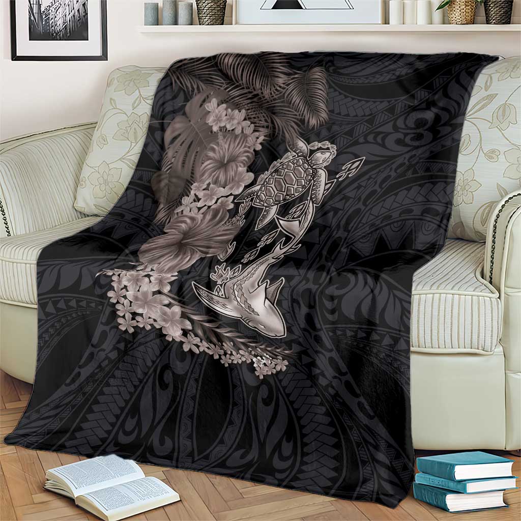Hawaiian Tropical Plants Turtle and Shark Blanket Polynesian Art Tattoo Grayscale Color