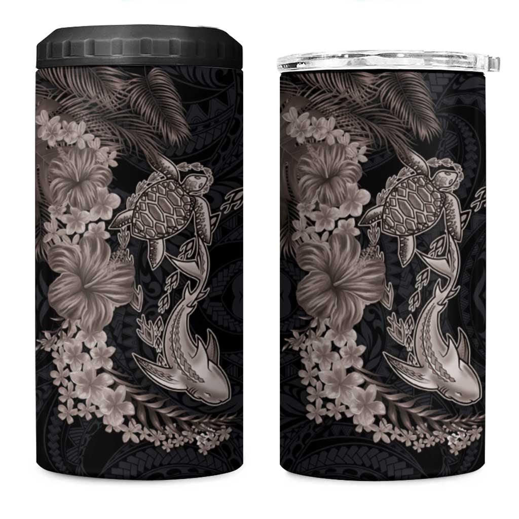 Hawaiian Tropical Plants Turtle and Shark 4 in 1 Can Cooler Tumbler Polynesian Art Tattoo Grayscale Color LT03 One Size: 16 oz Black - Polynesian Pride