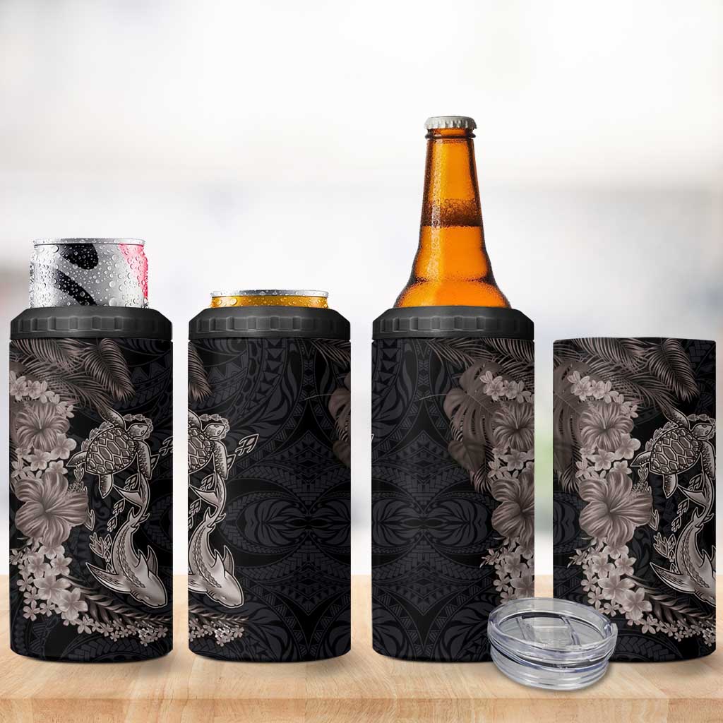 Hawaiian Tropical Plants Turtle and Shark 4 in 1 Can Cooler Tumbler Polynesian Art Tattoo Grayscale Color LT03 - Polynesian Pride