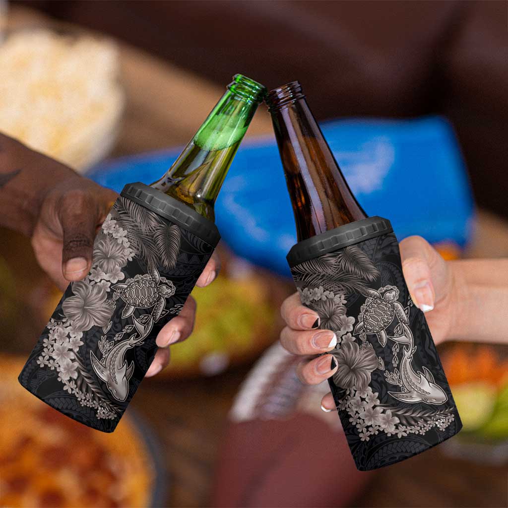 Hawaiian Tropical Plants Turtle and Shark 4 in 1 Can Cooler Tumbler Polynesian Art Tattoo Grayscale Color LT03 - Polynesian Pride