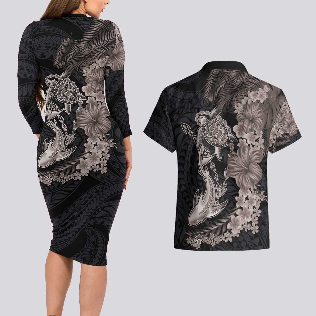 Hawaiian Tropical Plants Turtle and Shark Couples Matching Long Sleeve Bodycon Dress and Hawaiian Shirt Polynesian Art Tattoo Grayscale Color