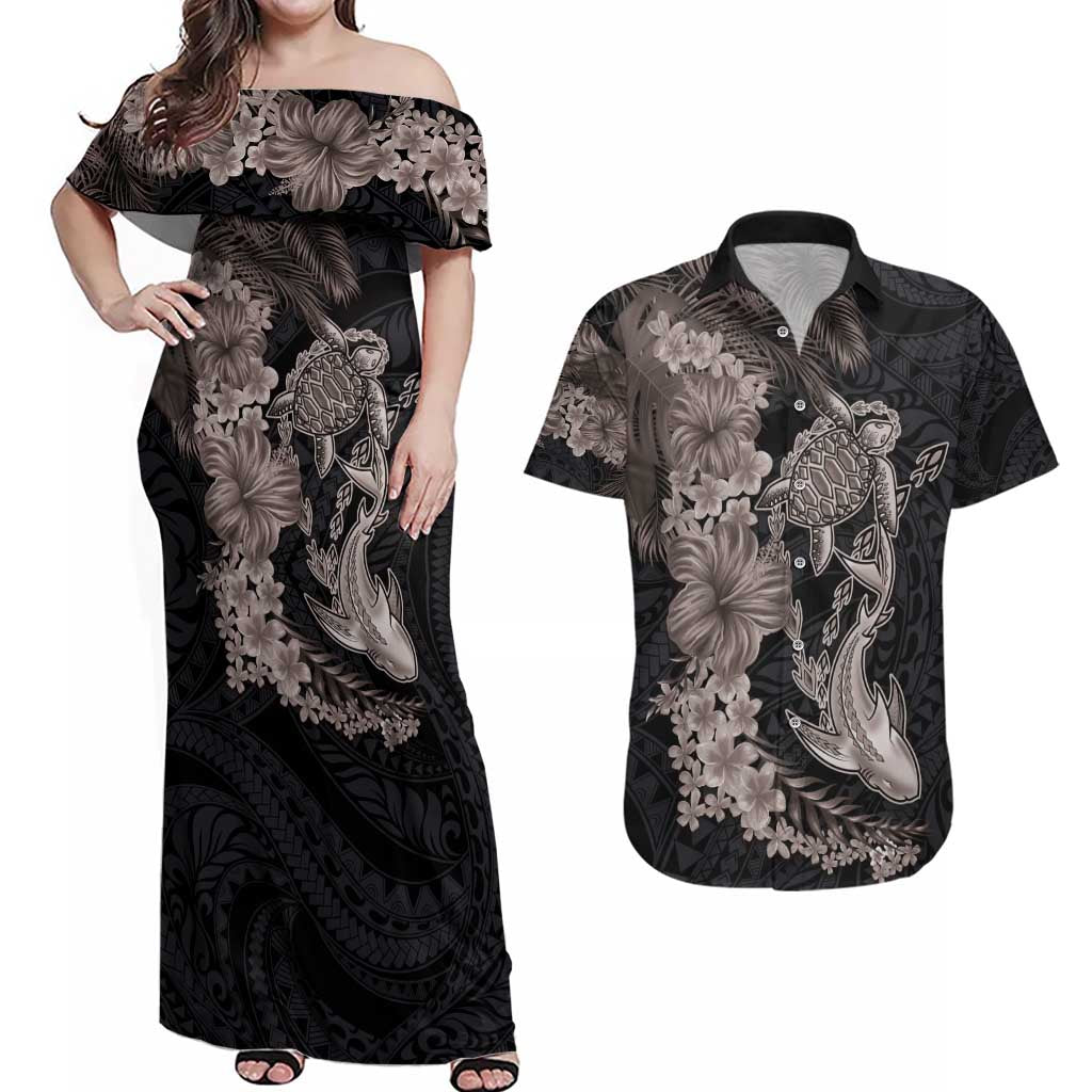 Hawaiian Tropical Plants Turtle and Shark Couples Matching Off Shoulder Maxi Dress and Hawaiian Shirt Polynesian Art Tattoo Grayscale Color