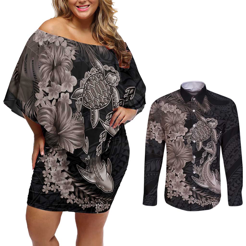 Hawaiian Tropical Plants Turtle and Shark Couples Matching Off Shoulder Short Dress and Long Sleeve Button Shirt Polynesian Art Tattoo Grayscale Color