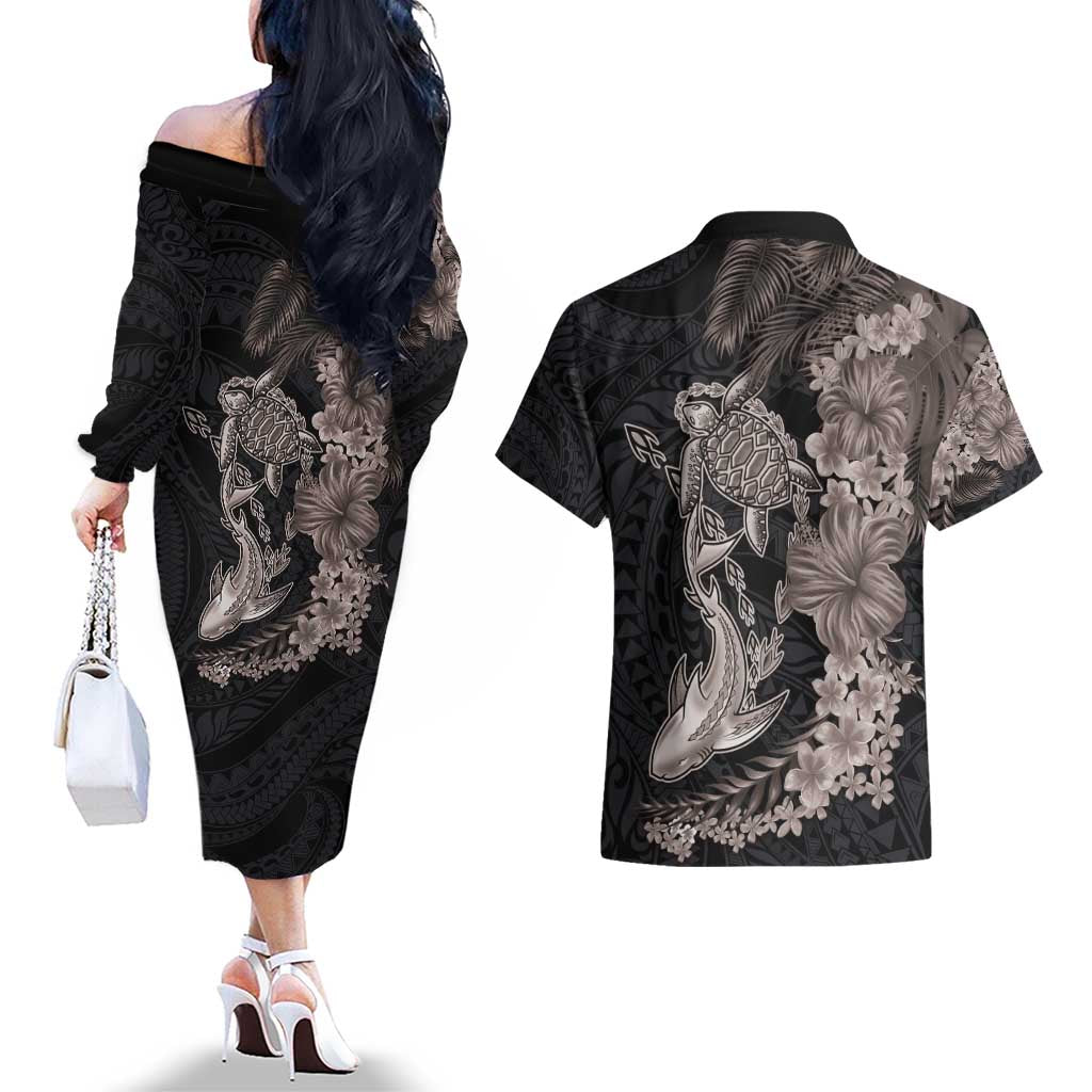 Hawaiian Tropical Plants Turtle and Shark Couples Matching Off The Shoulder Long Sleeve Dress and Hawaiian Shirt Polynesian Art Tattoo Grayscale Color