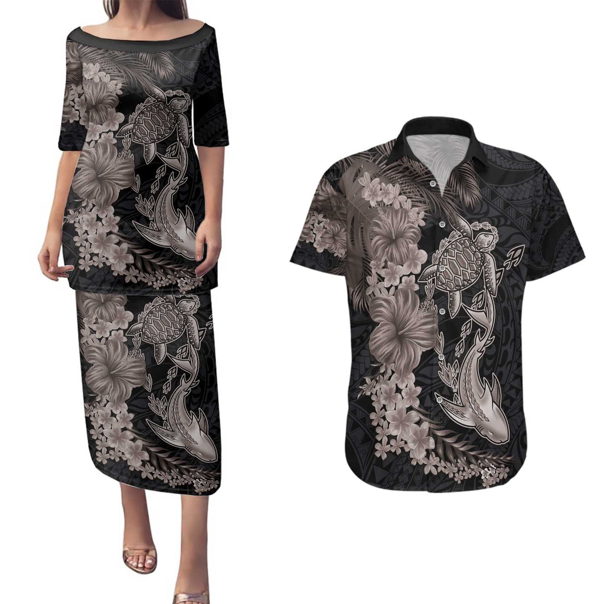 Hawaiian Tropical Plants Turtle and Shark Couples Matching Puletasi and Hawaiian Shirt Polynesian Art Tattoo Grayscale Color LT03 Black - Polynesian Pride